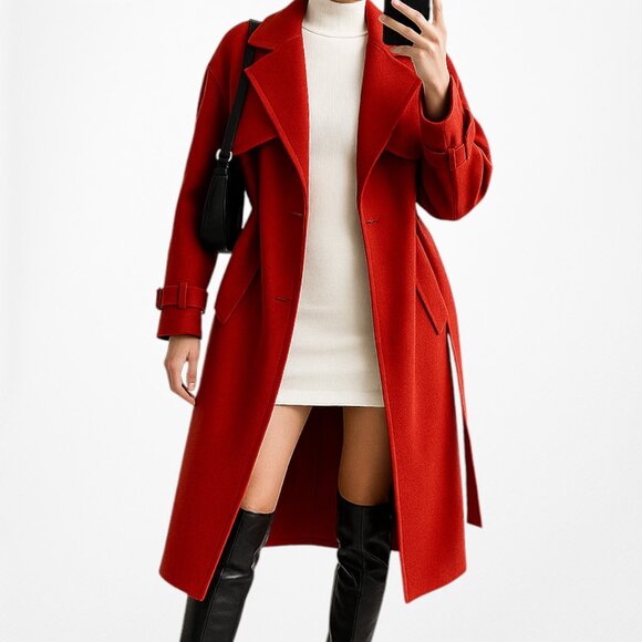 Red Oversized Belted Trench Coat Peacoat Style Long Jacket Size XS/S/M - Picture 1 of 10